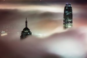 skyscraper, dust, fog