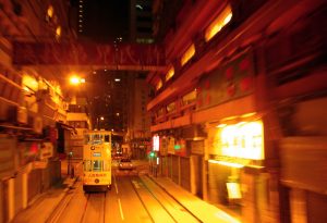 hong kong, tram, night