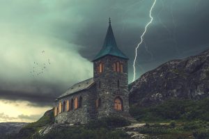 church, lightning, stormy