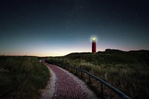lighthouse, field, night