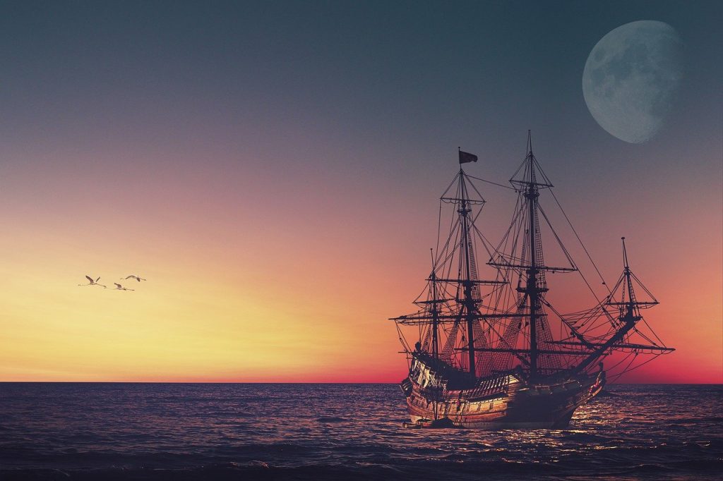 sunset, sea, ship