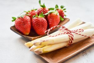 strawberries, white asparagus, food