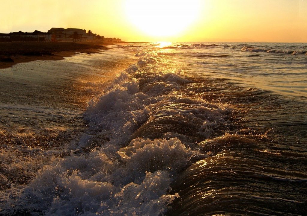 waves, sunset, sea
