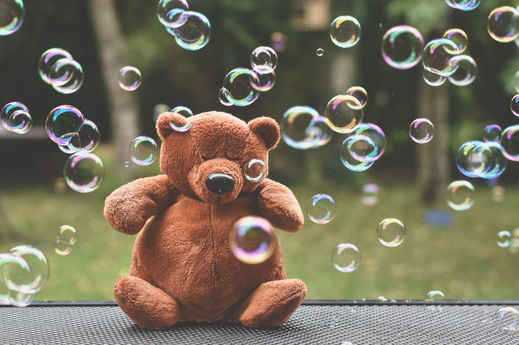 teddy bear, stuffed toy, soap bubbles