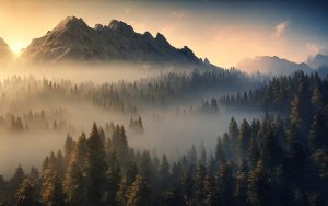 mountains, dawn, forest